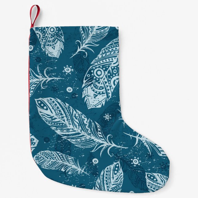 Blue vintage feather pattern liten julstrumpa (Framsidan)