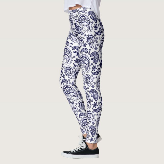 Blue Vintage Paisley Mönster Leggings (Vänster)