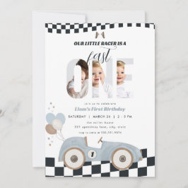 Blue Vintage Race Car First Birthday Invite Photo Inbjudningar