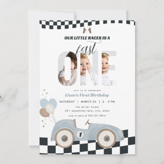 Blue Vintage Race Car First Birthday Invite Photo Inbjudningar