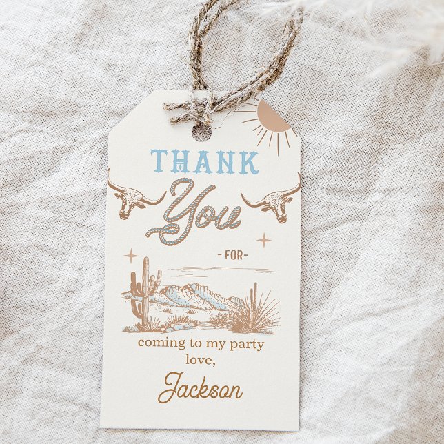 Blue Vintage Rodeo Birthday Tack Presentetikett (Blue Vintage Rodeo Birthday Thank You Tag, Wild West Western Birthday Thank You Tags, Western Desert)