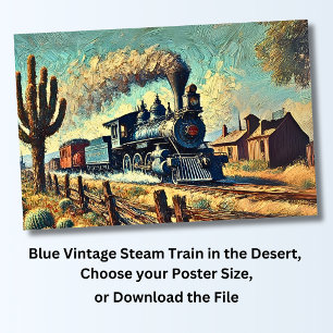 Blue Vintage Steam Tåg i öknen, Järnväg Poster