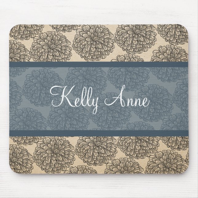 Blue Vintage Zinnia Mousepad Musmatta (Framsidan)
