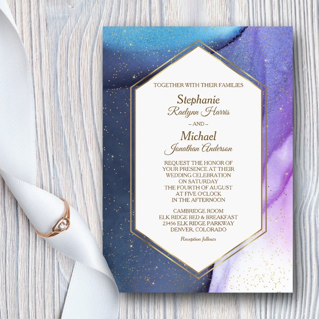 Blue Violet Guld Confetti Watercolor Bröllop Inbjudningar (Skapare uppladdad)