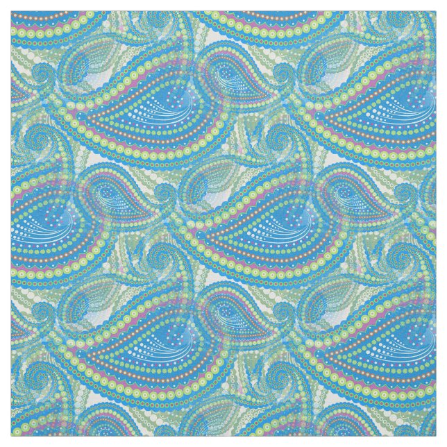 Blue Violet Lime Green Paisley Blommigt Art Mönste Tyg (Provkarta)