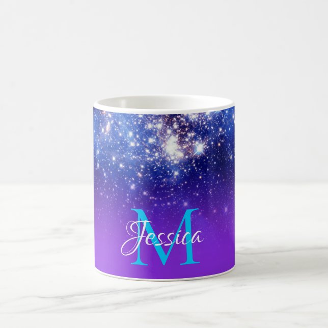 Blue Violet Sparkly Stars Celestial Ombre Monogram Kaffemugg (Center)