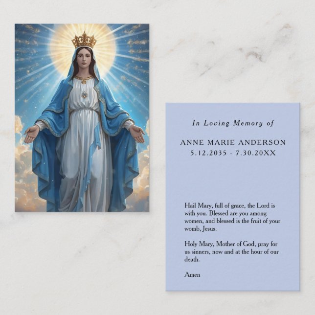 Blue VIrgin Mary Memorial Card (Fram/baksida)