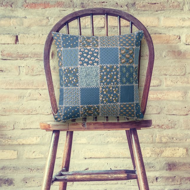 Blue Vit ros Patchwork Quilt Mönster Kudde (Skapare uppladdad)