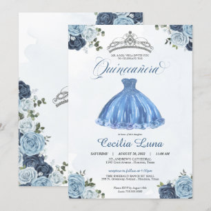 Blue & Vit ros Princess Quinceañera Birthday I Inbjudningar