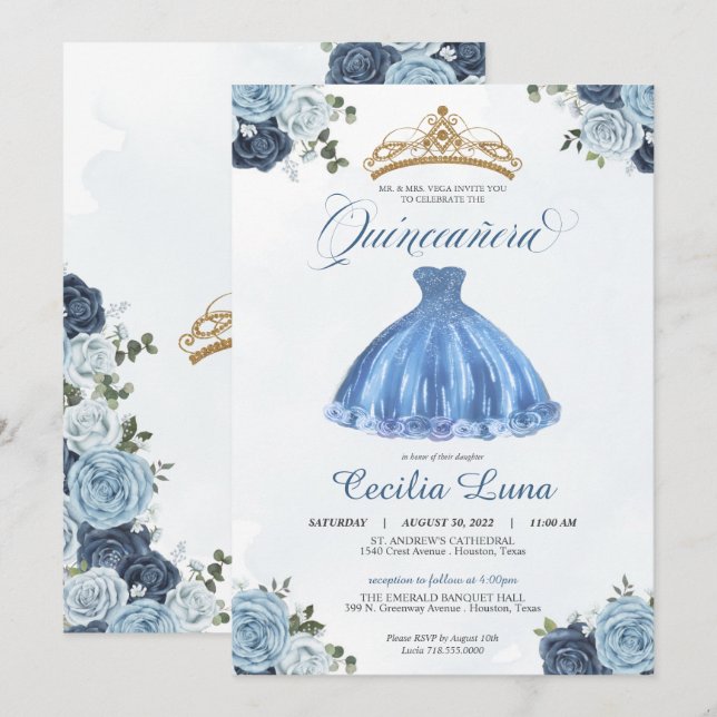 Blue & Vit ros Princess Quinceañera Birthday Inbjudningar (Fram/baksida)