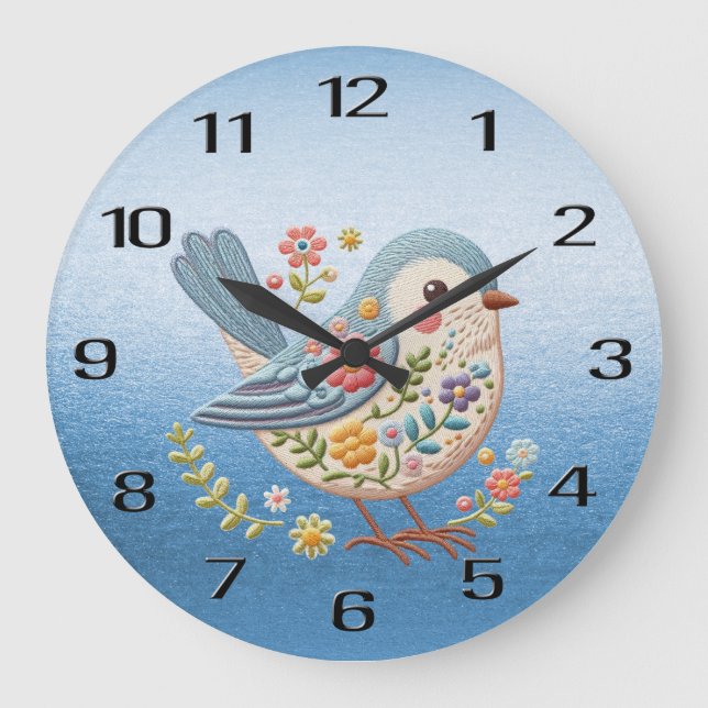 Blue Wall Clock, liten fågel-Blommigt Stor Klocka (Framsida)