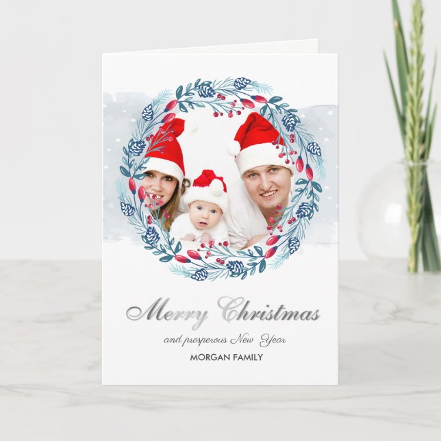 Blue Wandeand Holly Berry Photo God jul Helgkort (Framsida)