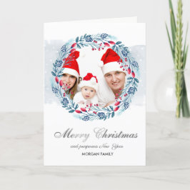 Blue Wandeand Holly Berry Photo God jul Helgkort