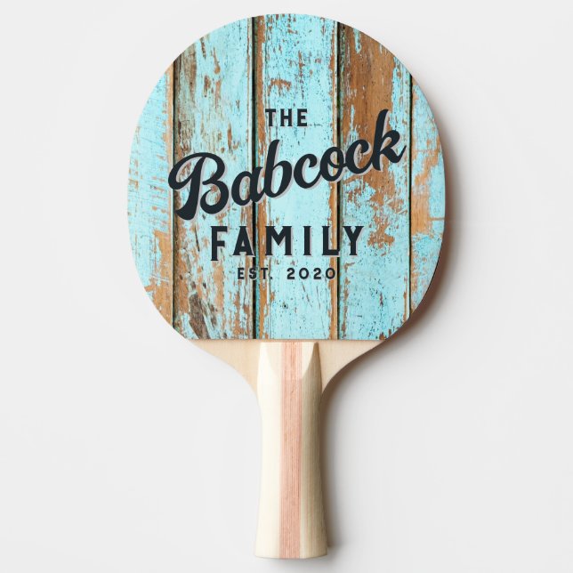 Blue Wash Wood Retro Family Name & Year Pingisracket (Framsidan)