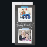 Blue Washi Tape and Chalkboard Foto ramar Julkort<br><div class="desc">Det här helgdag i smala-format är ett budgetvänligt val och visar två av dina favoritfoton i vintage stil omedelbar foto ramar med redigerbara bildtexter. Utformningen ser ut som om de är avsmalnade till en rityta med mönstrade remsor av pappert tvättband till ge på kortet en avslappnad och en hemgjord hantverksmässig...</div>