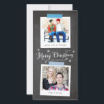 Blue Washi Tape and Chalkboard Foto ramar Julkort<br><div class="desc">Det här helgdag i smala-format är ett budgetvänligt val och visar två av dina favoritfoton i vintage stil omedelbar foto ramar med redigerbara bildtexter. Utformningen ser ut som om de är avsmalnade till en rityta med mönstrade remsor av pappert tvättband till ge på kortet en avslappnad och en hemgjord hantverksmässig...</div>