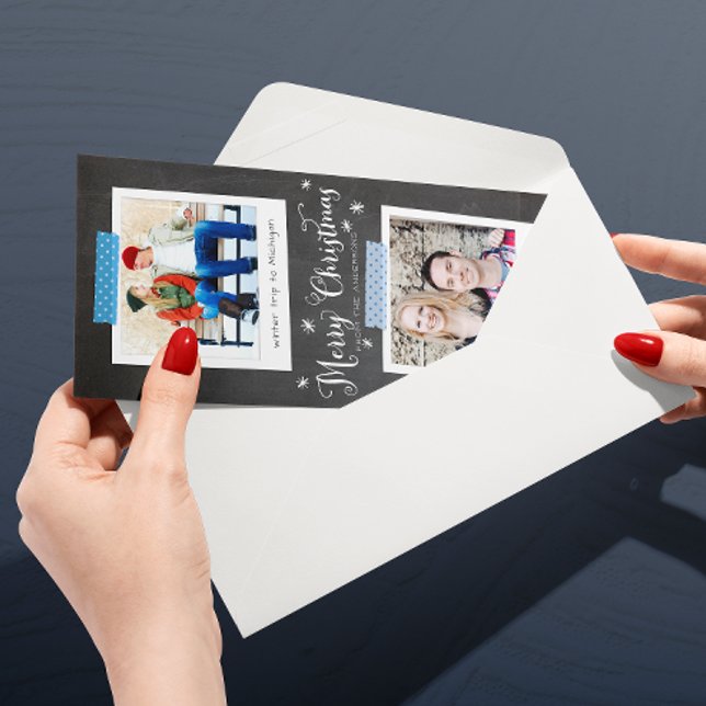 Blue Washi Tape and Chalkboard Foto ramar Julkort (Skinny two-photo Christmas card with ice blue Washi tapes and chalkboard lettering)