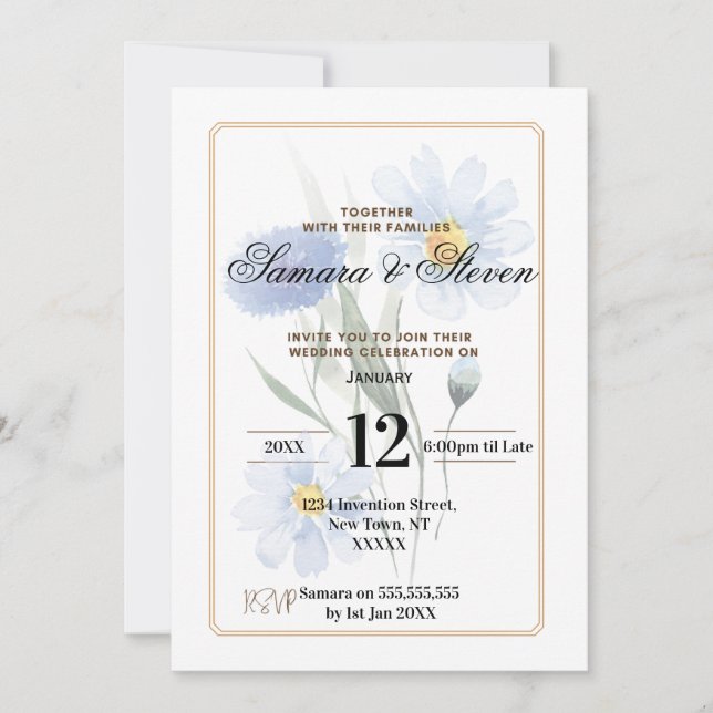 Blue Water Color Flower Wedding Celebration Invite Inbjudningar (Framsida)