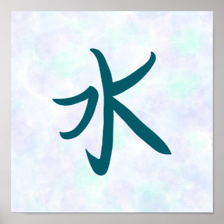 Blue Water Kanji Japanese Calligraphy Poster