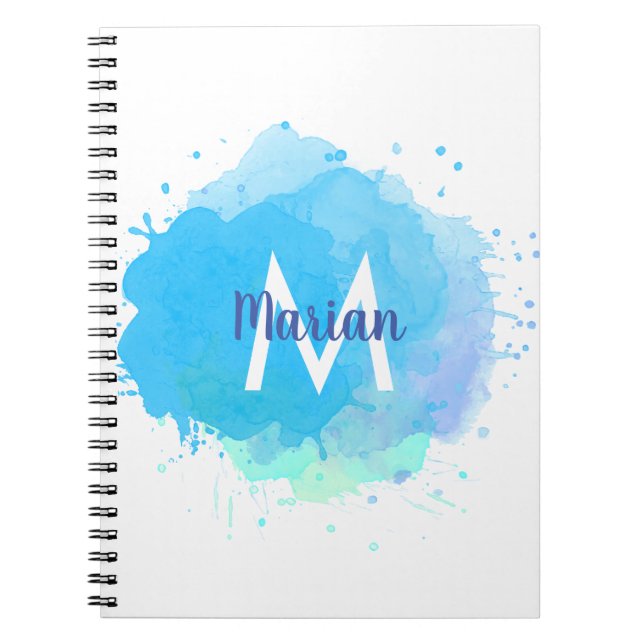 Blue Watercolor Abstrakt Monogram Namn Anteckningsbok (Framsidan)