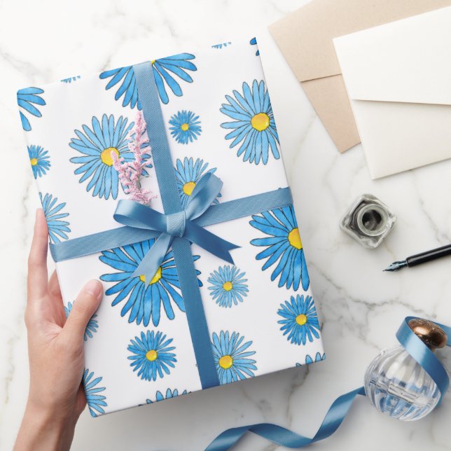 Blue Watercolor and Pen Asters Garland Mönster Presentpapper (Gifting)