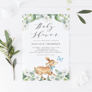 Blue Watercolor Baby Hjort Woodland Baby Shower Inbjudningar
