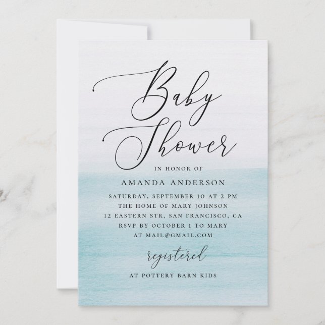 Blue Watercolor Baby Shower | Elegant Coastal Inbjudningar (Framsida)