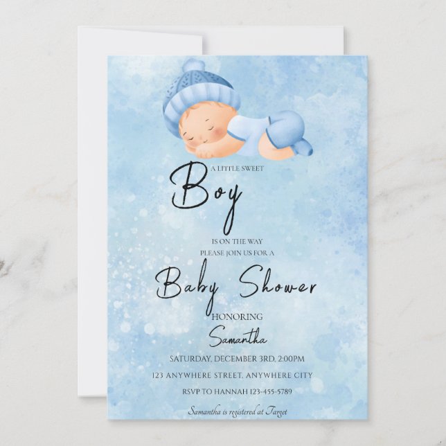 Blue Watercolor Baby Shower Inbjudningar (Framsida)