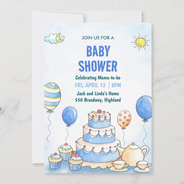 Blue Watercolor Baby Shower Invitation Inbjudningar (Framsida)