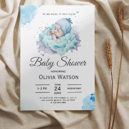 Blue Watercolor Baby Soft Boy Shower Inbjudningar