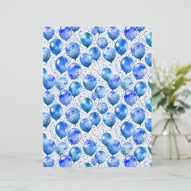 Blue Watercolor Balloons and Confetti Party Paper (Stående Fram)