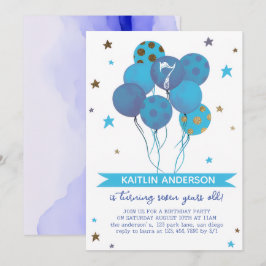 Blue Watercolor Balloons Girl 7th Birthday Party  Inbjudningar