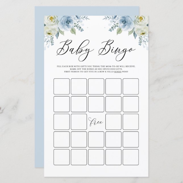 Blue Watercolor Blommigt Baby Shower Bingo Game (Fram/baksida)