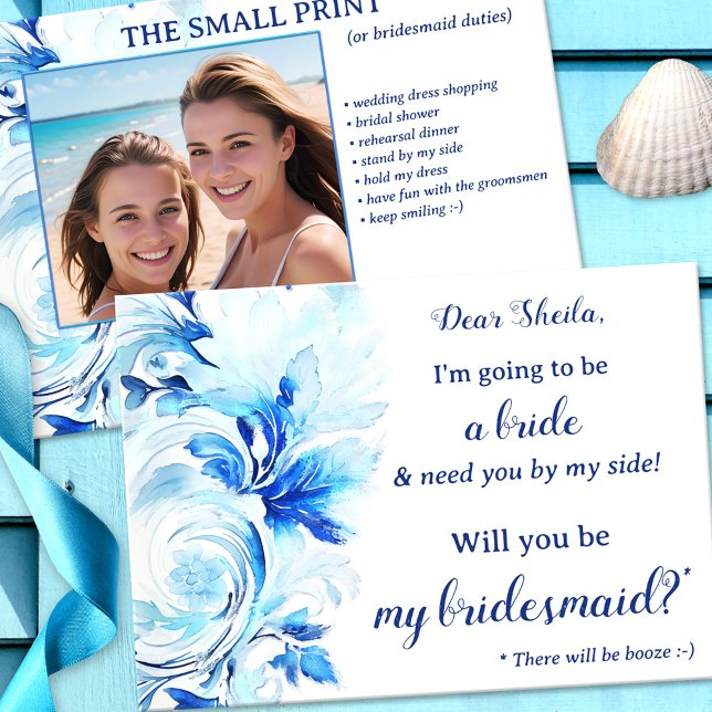Blue Watercolor Blommigt Beach Vågar Bridesmaid Kort (Blue watercolor floral card to ask your bridesmaid or maid of honor - turquoise beach theme)