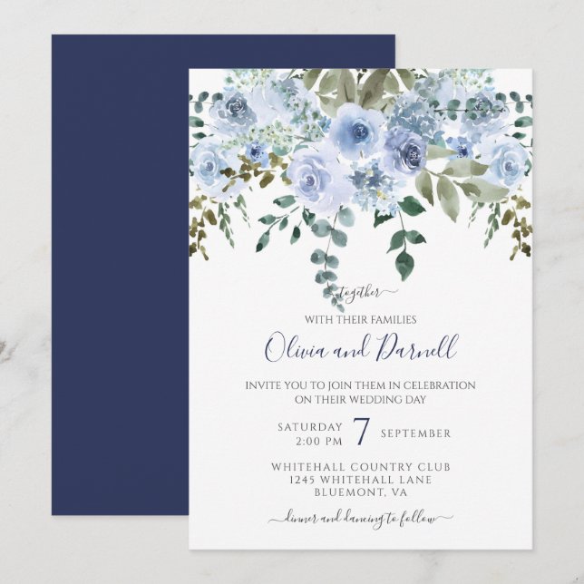 Blue Watercolor Blommigt Bouquet Bröllop I Lt Blue Inbjudningar (Fram/baksida)