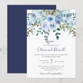 Blue Watercolor Blommigt Bouquet Bröllop I Lt Blue Inbjudningar