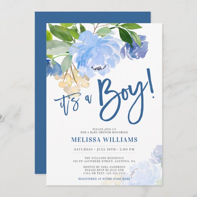 Blue Watercolor Blommigt Boy Baby Shower Inbjudningar (Fram/baksida)