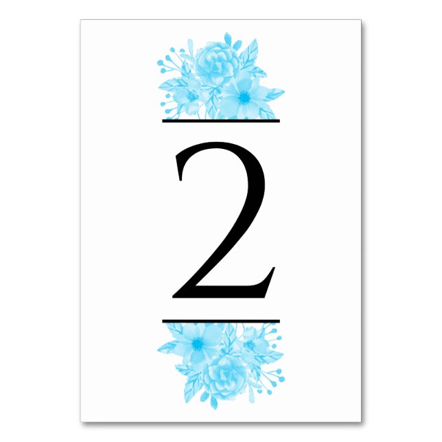 Blue Watercolor Blommigt Bröllop Bordsnummer (Framsidan)