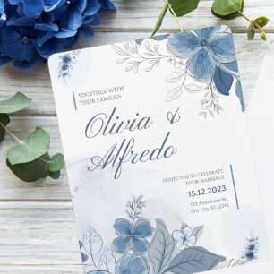 Blue Watercolor Blommigt Bröllop Inbjudningar