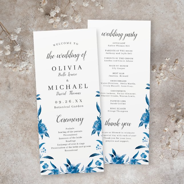 Blue Watercolor blommigt Chinoiserie Bröllopsprogr Meny (Blue Watercolor floral Chinoiserie Wedding Program)