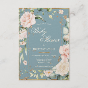 Blue Watercolor Blommigt Guld Ram Baby Shower Inbjudningar