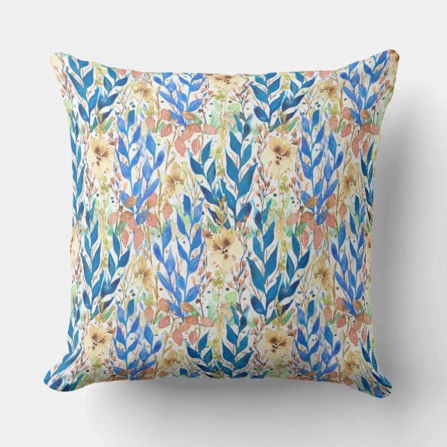Blue Watercolor Blossom Garden Kudde (Framsida)