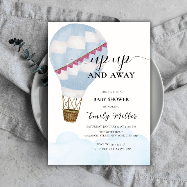 Blue Watercolor Boho Luftballong Baby Shower Inbjudningar (Blue Watercolor Boho Hot Air Balloon Baby Shower Invitation)