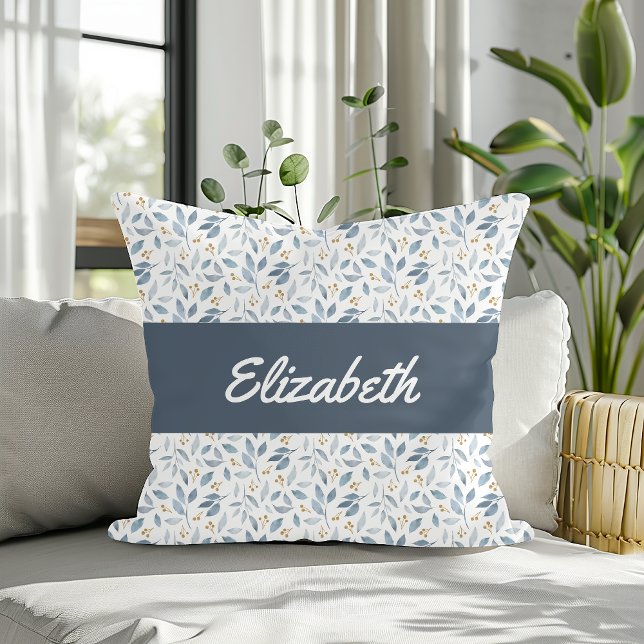 Blue Watercolor Botanical Pattern Custom Name Kudde (Skapare uppladdad)