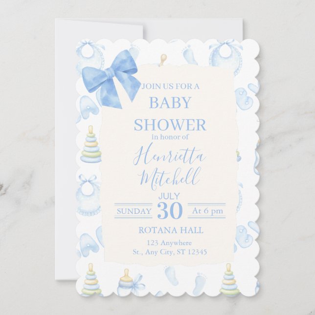 Blue Watercolor Boy Baby Shower Invitation Inbjudningar (Framsida)