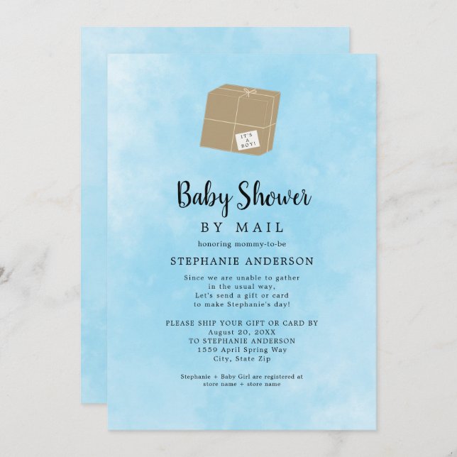 Blue Watercolor Boy Shower per post Inbjudningar (Fram/baksida)