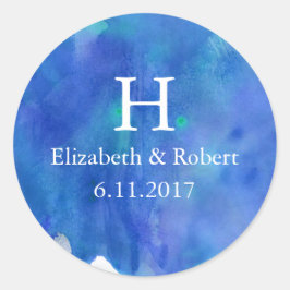 Blue Watercolor Bröllop Runt Klistermärke