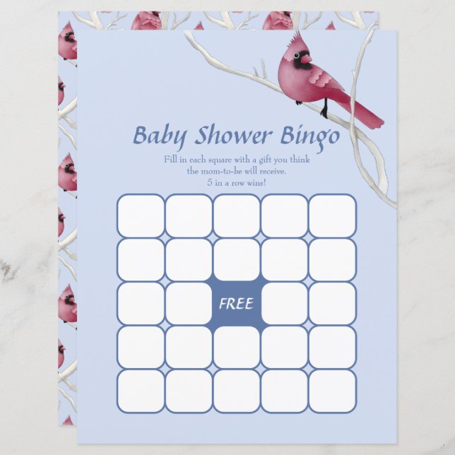 Blue Watercolor Cardinal Baby Shower Bingo Game (Fram/baksida)
