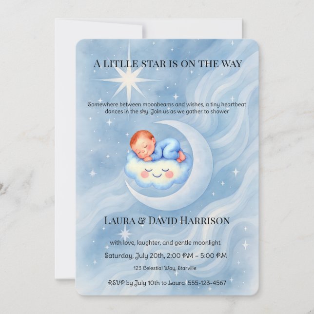 Blue Watercolor Celestial Baby Shower Little Star  Inbjudningar (Framsida)