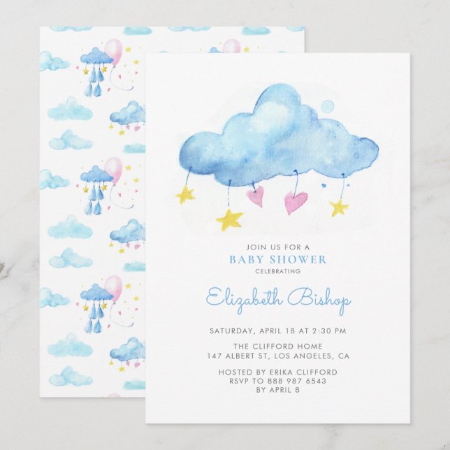 Blue Watercolor Cloud Gender Neutral Baby Shower Inbjudningar (Fram/baksida)
